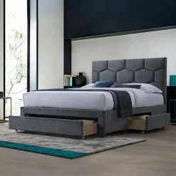 Letto matrimoniale 160x200 cm con rete a doghe imbottito con cassetti contenitore grigio Jay