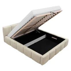 Letto matrimoniale 160x200cm con rete contenitore imbottito tessuto bouclé beige Aluna