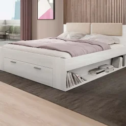 Letto 160x200cm matrimoniale con cassettone pino bianco beige Cortina