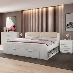 Letto 160x200cm matrimoniale con cassettone pino bianco beige Cortina
