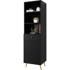 Libreria 50x177h cm 1 anta 3 vani 1 cassetto con frontali decorati nero Simona