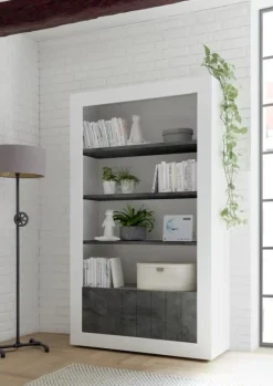 Libreria 110x190h cm 2 ante con ripiani moderna bianco lucido ossido Florena