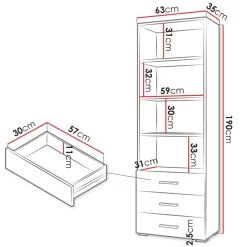 Libreria 63x190h cm 3 cassetti design moderno bianco Pastello