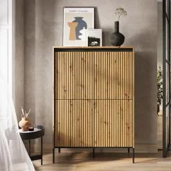 Madia alta 98x140h cm 4 ante con led cannettato rovere rustico nero Camelia
