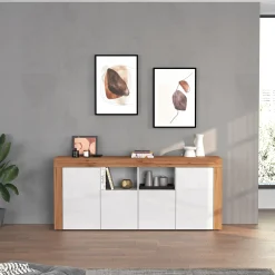 Madia moderna 200x85h cm bianco lucido rovere Block