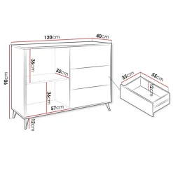 Madia 120x90h cm 1 anta 3 cassetti rovere nero Hans