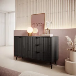 Madia 138x81h cm 1 anta 3 cassetti nero opaco cannettato Ramis