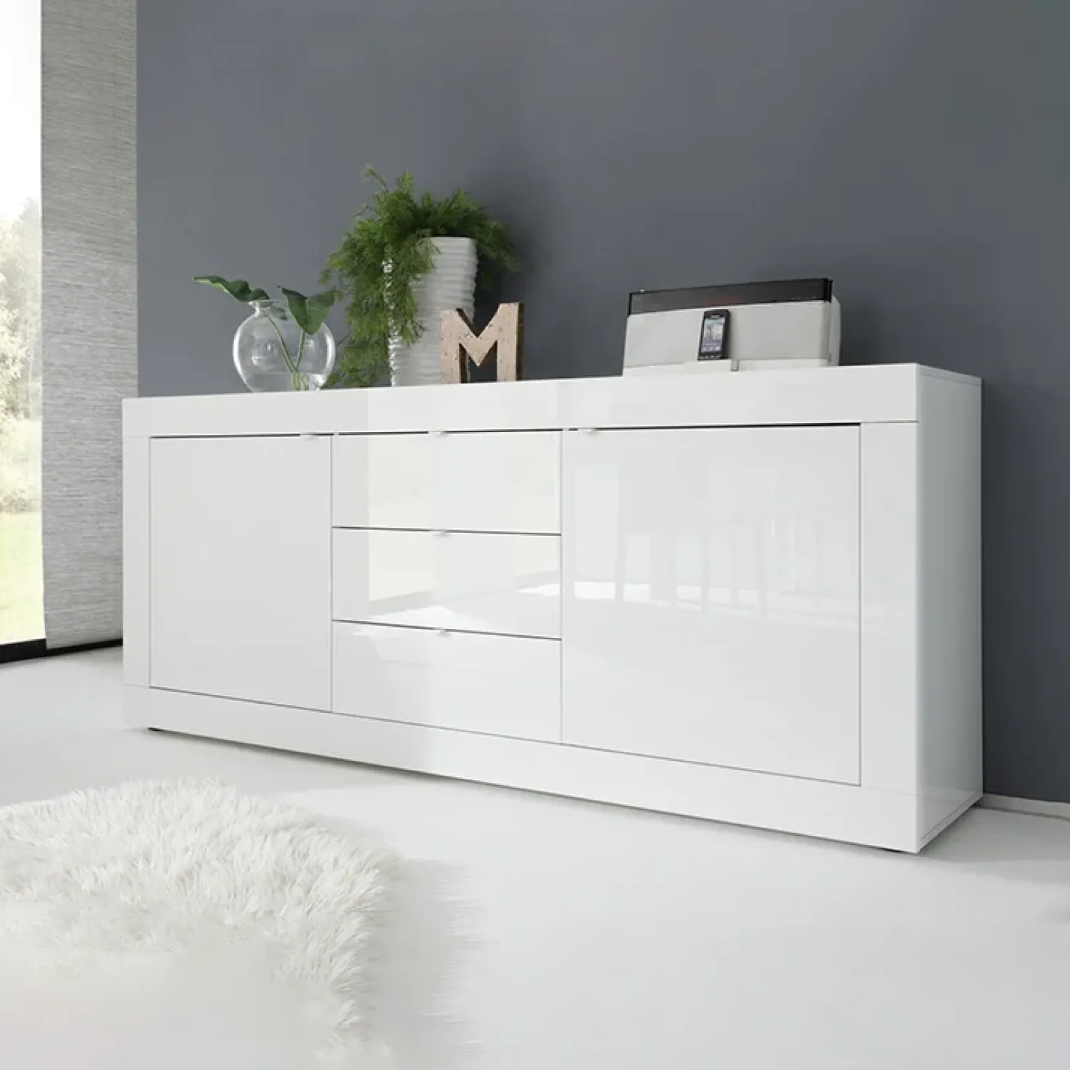 Madia 210x86h cm 2 ante 3 cassetti moderna bianco lucido Eternity