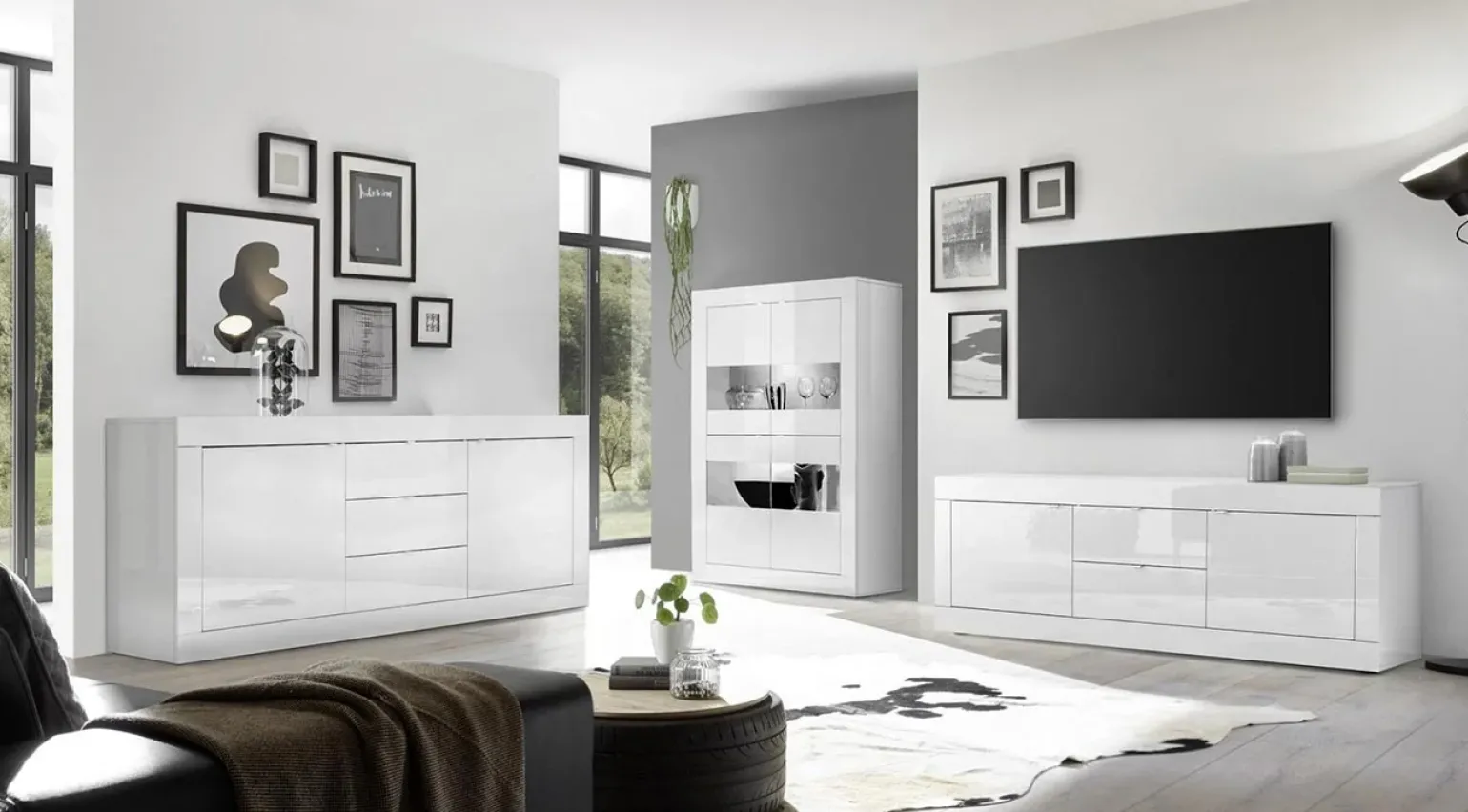 Madia 210x86h cm 2 ante 3 cassetti moderna bianco lucido Eternity