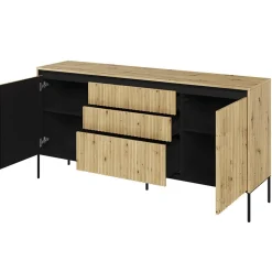 Madia  166x83h cm 2 ante 3 cassetti con led cannettato rovere rustico nero Camelia