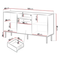 Madia 151x81h cm 2 ante 1 cassetto 2 vani a giorno noce cannettato Gabiot