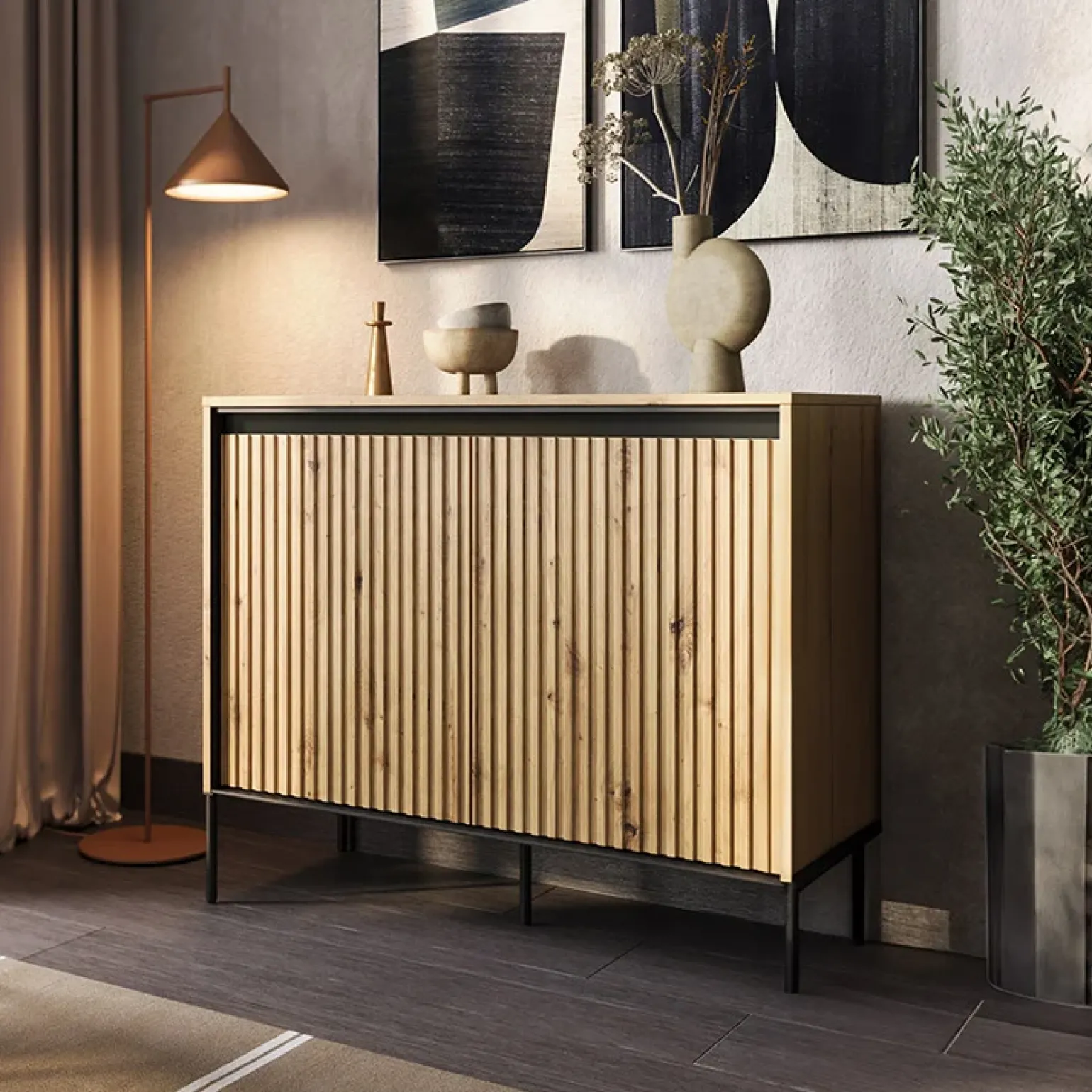 Madia 98x83h cm 2 ante con led cannettato rovere rustico nero Camelia