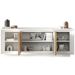 Madia 207x80h cm 4 ante moderna bianco opaco rovere chiaro Deluxe