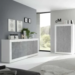 Madia 207x86h cm 4 ante moderna soggiorno bianco lucido cemento Eternity