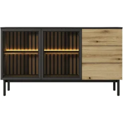 Madia 150x85h cm 2 ante vetrate 3 cassetti con led nero rovere Amel