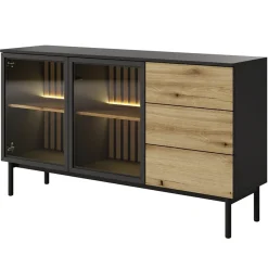Madia 150x85h cm 2 ante vetrate 3 cassetti con led nero rovere Amel
