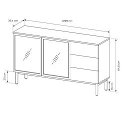 Madia 150x85h cm 2 ante vetrate 3 cassetti con led nero rovere Amel