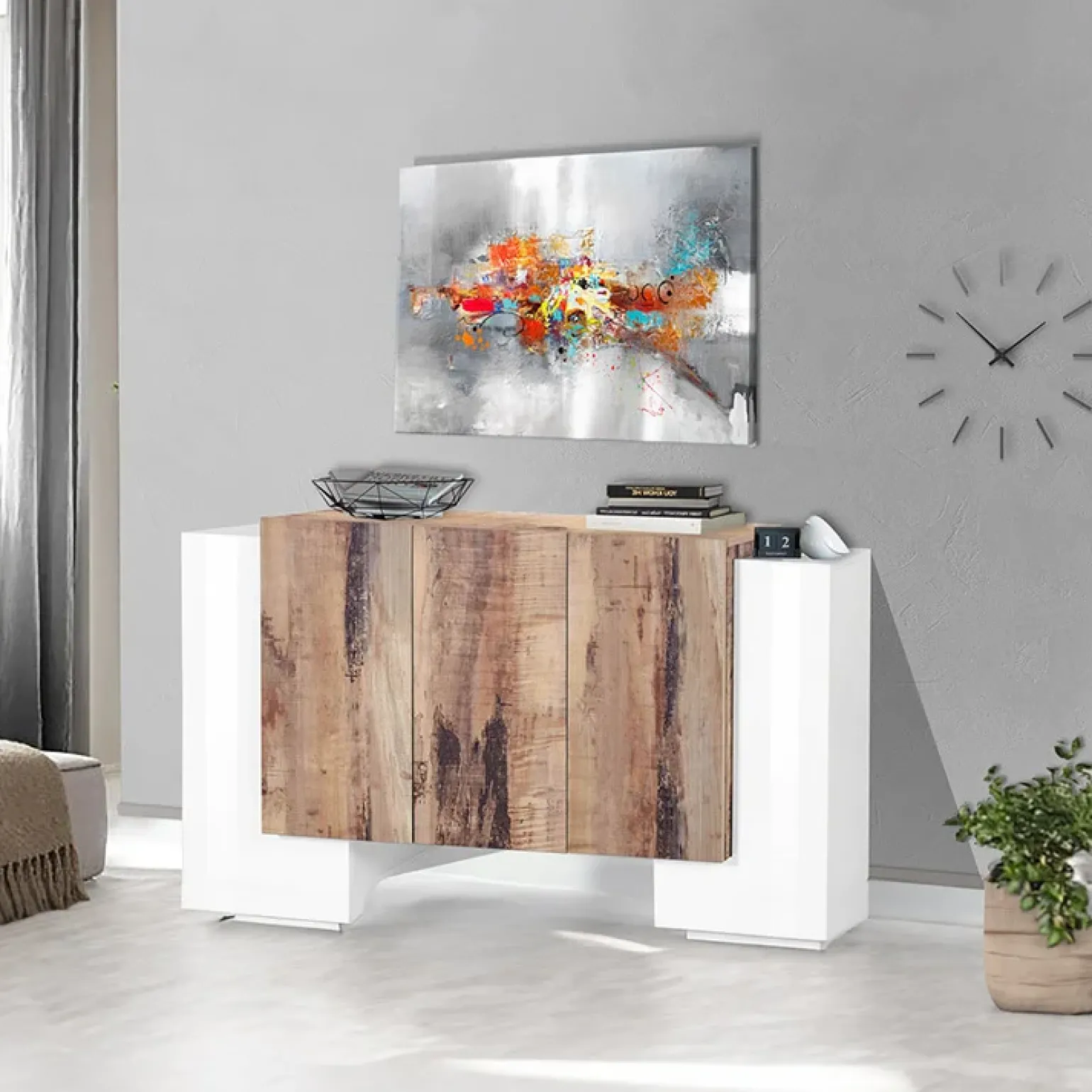 Madia 170x85h cm moderna bianco lucido rovere chiaro Akoya