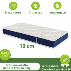Materasso singolo 90x190cm schiumato antiacaro H.10cm Top Dream