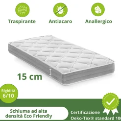 Materasso una piazza e mezza 120x190cm anallergico antiacaro  H. 15cm Smart Sleep