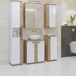 Mobile bagno a terra 61cm con specchio e colonne bianco lucido rovere Crystal