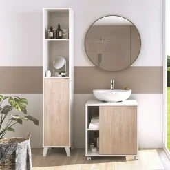 Mobile bagno a terra 64cm con ruote 1 anta rovere bianco Irma