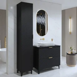 Mobile bagno a terra 81cm con colonna nero frontali decorati Konny