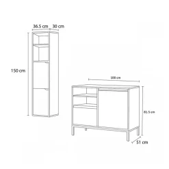 Mobile bagno a terra 100cm con lavabo e colonna 3 ante 1 cassetto rovere bianco Jasmund