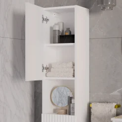 Mobile bagno sospeso cannettato 80cm con lavabo, colonna e 3 pensili bianco rovere Cleany