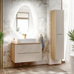 Mobile bagno sospeso 80cm con lavabo, specchio e colonna beige rovere Swim
