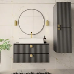 Mobile bagno sospeso 80cm con colonna 2 cassetti grigio Bursa 2