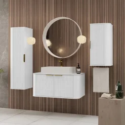 Mobile bagno sospeso 90cm con lavabo, colonna e pensile cannettato bianco Lusso