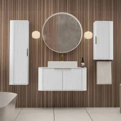 Mobile bagno sospeso 90cm con lavabo, colonna e pensile cannettato bianco Lusso
