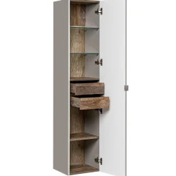 Mobile bagno sospeso 60cm con lavabo, mobile specchio, colonna e vani grigio quercia Serif