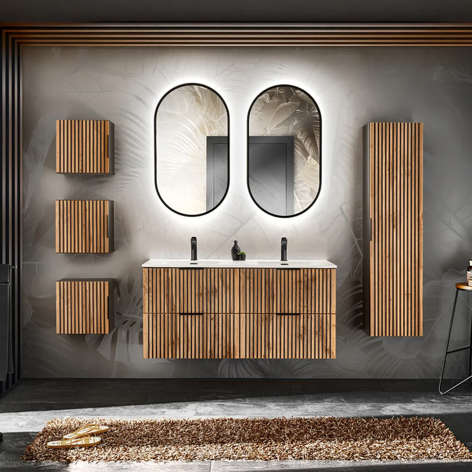 Mobile bagno sospeso 120cm con 2 lavabi da incasso quercia antracite Limpid