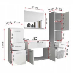 Mobile bagno sospeso 60cm con lavabo, specchio e colonne bianco rovere Loretta