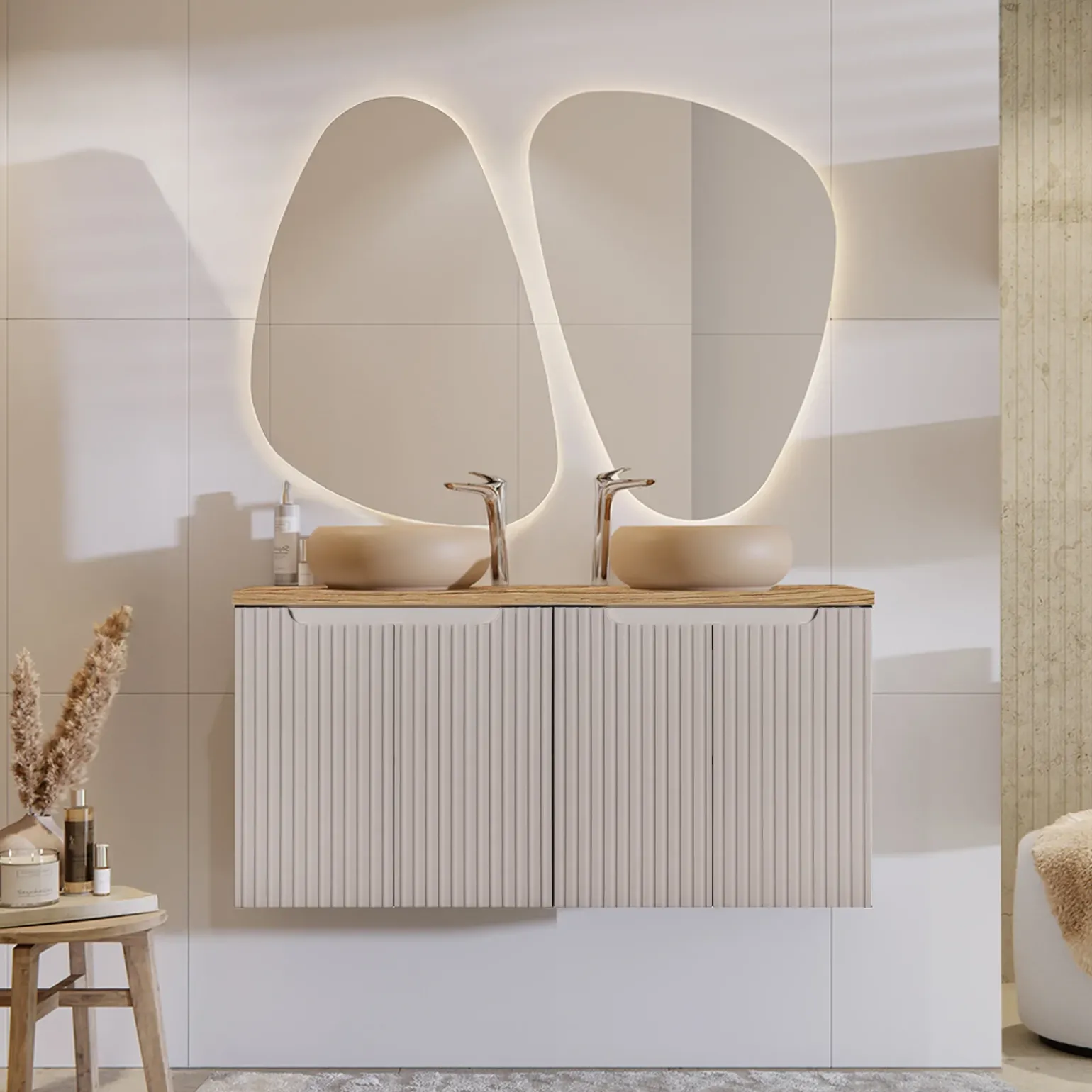 Mobile bagno sospeso 120cm cannettato 4 ante beige rovere Cleany