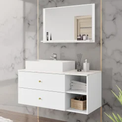 Mobile bagno sospeso 100cm con lavabo e specchio 2 cassetti bianco Krom