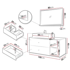Mobile bagno sospeso 100cm con lavabo e specchio 2 cassetti bianco Krom