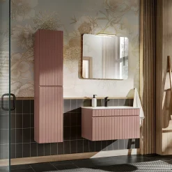Mobile bagno sospeso 80cm cannettato con lavabo da incasso, colonna e specchio rosa Autentic