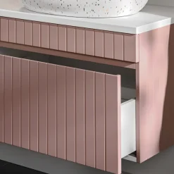 Mobile bagno sospeso 100cm cannettato con lavabo, colonna e specchio rosa Autentic