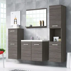 Mobile bagno sospeso 60cm con lavabo, specchio e 2 colonne rovere grigio Saturnia