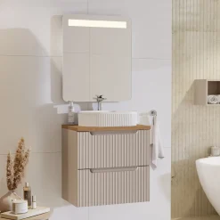 Mobile bagno sospeso 60cm cannettato 2 cassetti beige rovere Cleany
