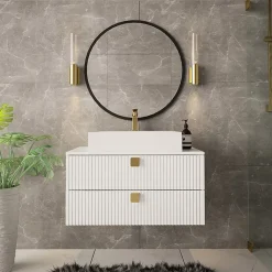 Mobile bagno sospeso 80cm con lavabo 2 cassetti maniglie oro bianco Bursa 4