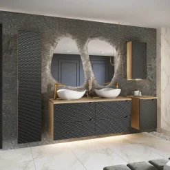 Mobile bagno sospeso 120cm con 2 lavabi, colonna, pensile e base sospesa nero rovere Swim