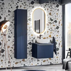 Mobile bagno sospeso 60cm con lavabo, specchio e colonna cannettato blu Deep