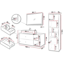 Mobile bagno sospeso 100cm con lavabo, specchio e colonna nero Krom