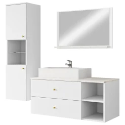 Mobile bagno sospeso 100cm con lavabo, specchio e colonna bianco Krom