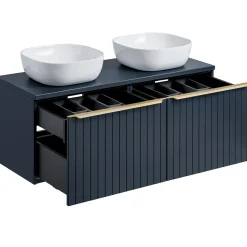 Mobile bagno sospeso 120cm con 2 lavabi, 2 specchi e colonna cannettato blu Deep