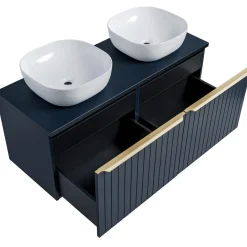 Mobile bagno sospeso 120cm con 2 lavabi, 2 specchi e colonna cannettato blu Deep